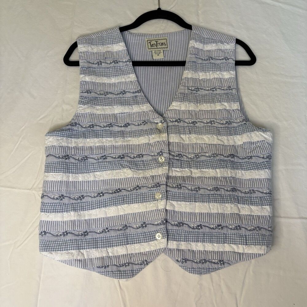 VTG TanTrums Patchwork Vest Blue Floral Lace Plaid Cottagecore Boho Grandma 90s